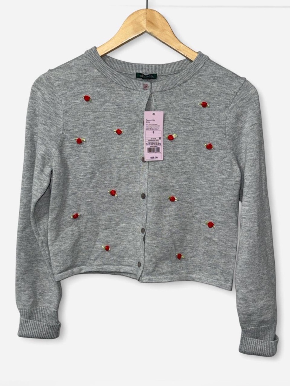 wild fable Gray Cropped Cardigan with Red Floral Embellishments
